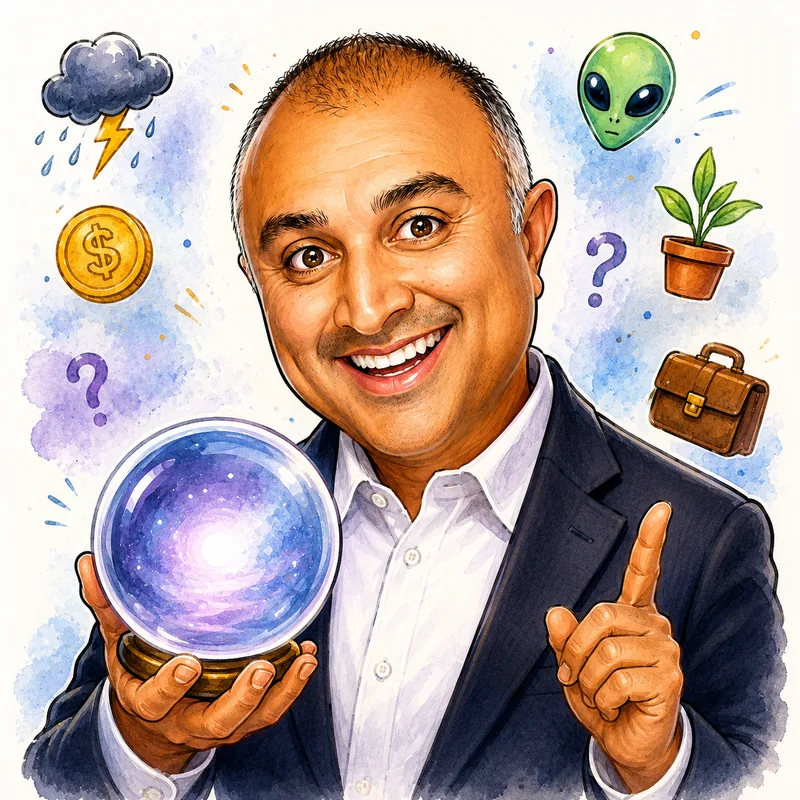 Dev, caricatured as a fortune teller in a suit holding a glowing crystal ball, surrounded by a storm cloud, a gold coin, a cartoon alien, a potted plant, and a briefcase.